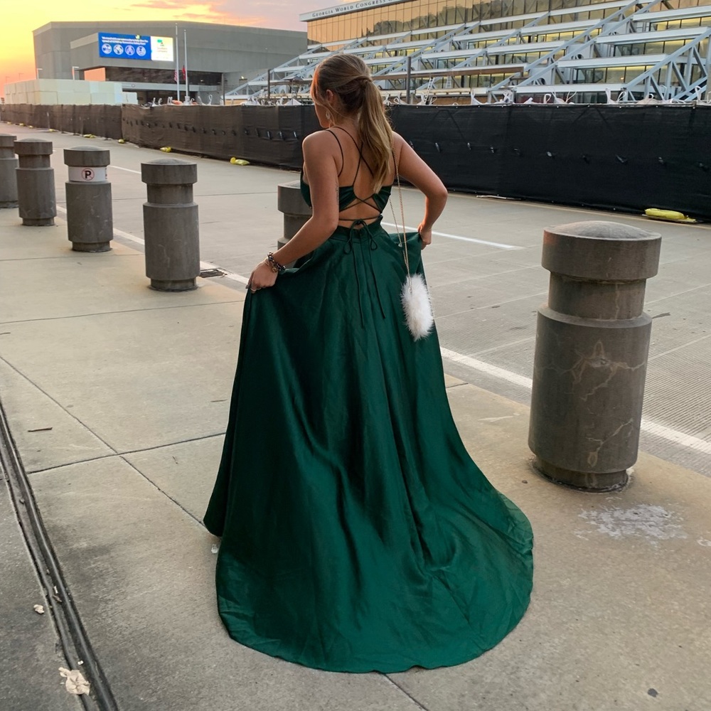 Emerald green tie back long, maxi formal gown with train